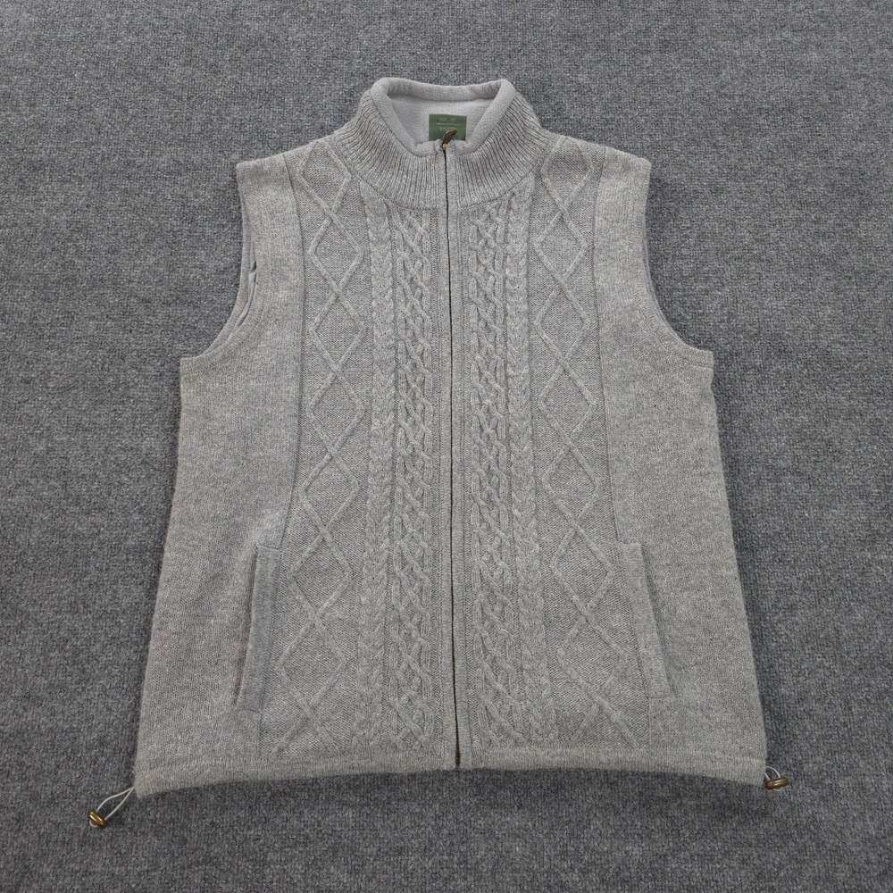 Aran‎ Sweater Vest Mens Large Grey 100% Wool Full Zip Lined Cable Knit Fisherman